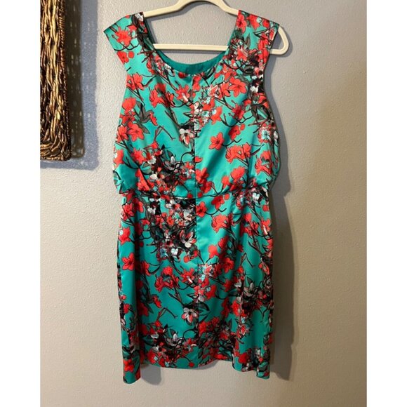 Jessica Simpson Dress 14 Green Red Cherry Blossom Silky Stretch Career Church - Picture 8 of 9